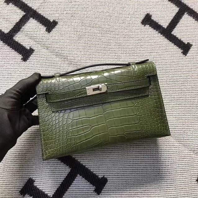 Top hermes genuine 100% crocodile leather handmade mini kelly clutch K220 green
