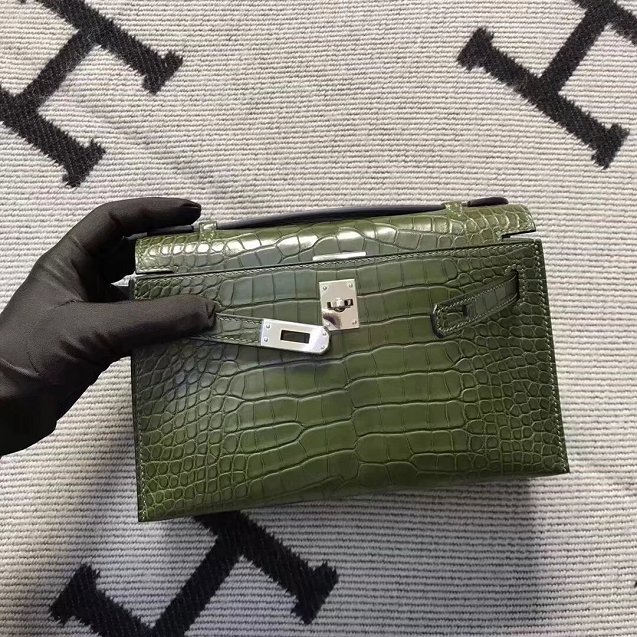 Top hermes genuine 100% crocodile leather handmade mini kelly clutch K220 green