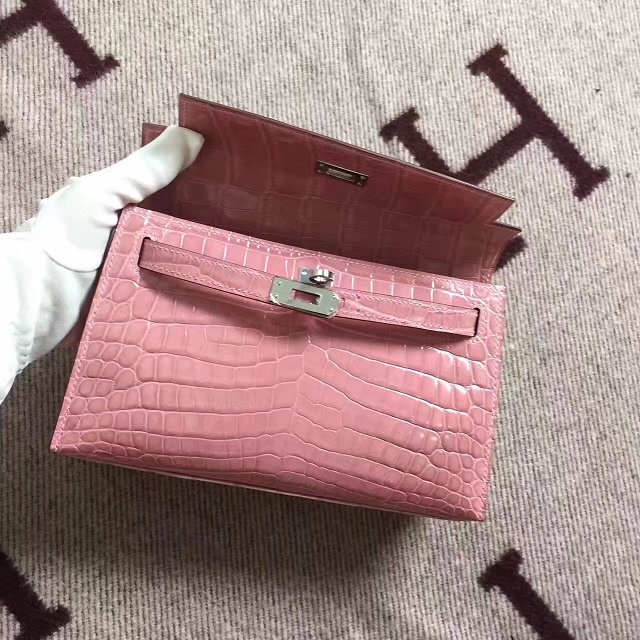 Top hermes genuine 100% crocodile leather handmade mini kelly clutch K220 pink