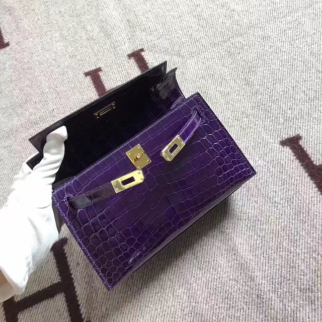 Top hermes genuine 100% crocodile leather handmade mini kelly clutch K220 purple