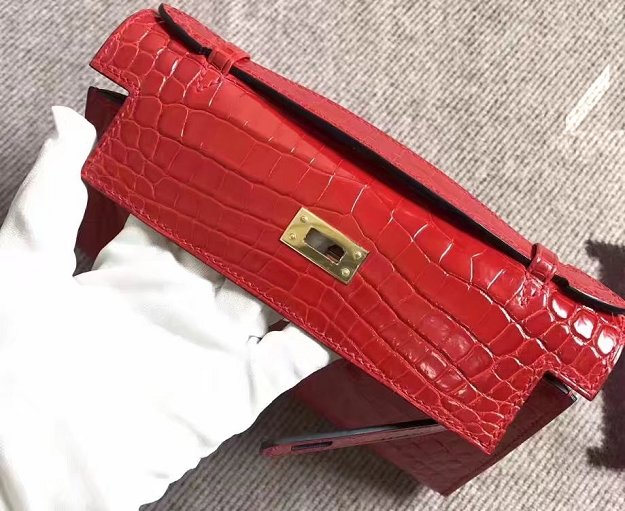 Top hermes genuine 100% crocodile leather handmade mini kelly clutch K220 red