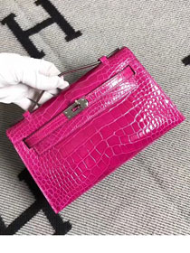 Top hermes genuine 100% crocodile leather handmade mini kelly clutch K220 rose red