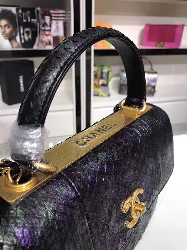 2018 CC original snakeskin top handle flap bag A92236 black&purple