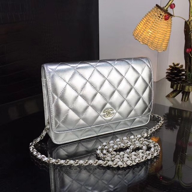 CC original lambskin leather woc chain bag 33814-1 silver