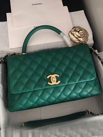 2018 CC original grained calfskin flap bag with top handle A92991 green