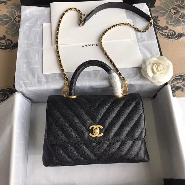 2018 CC original grained calfskin small flap bag with top handle A92990 black