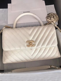 2018 CC original grained calfskin small flap bag with top handle A92991 white