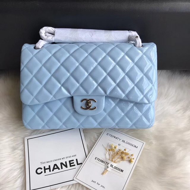 CC original patent calfskin large flap bag A69902 sky blue