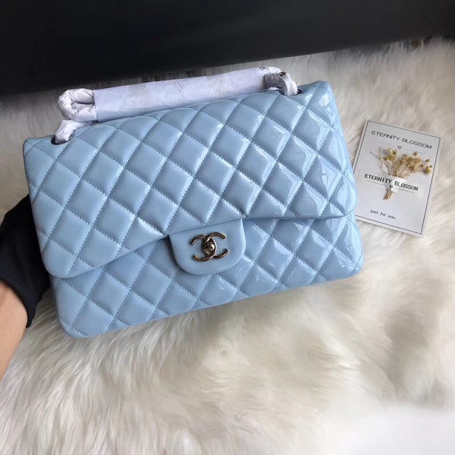 CC original patent calfskin large flap bag A69902 sky blue