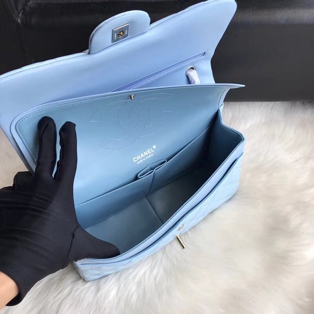 CC original patent calfskin large flap bag A69902 sky blue