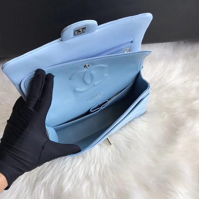 CC original patent calfskin medium flap bag A69901 sky blue