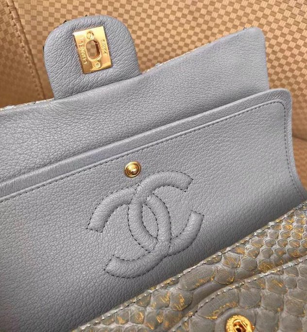 CC original python leather flap bag A01112 grey&gold