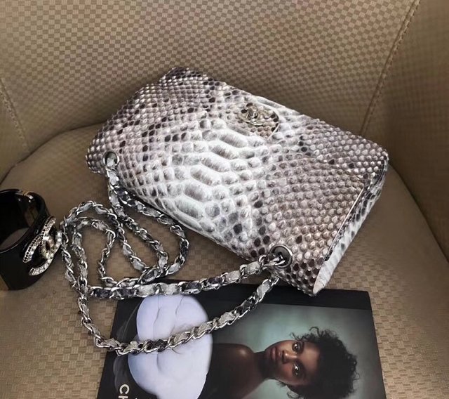 CC original python leather flap bag A01112 grey&white