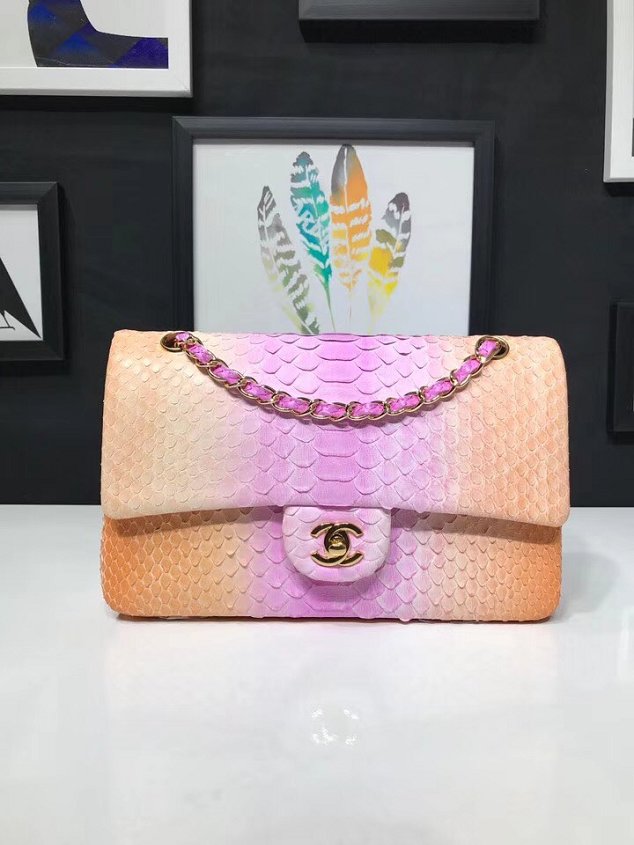 CC original python leather flap bag A01112 pink&orange