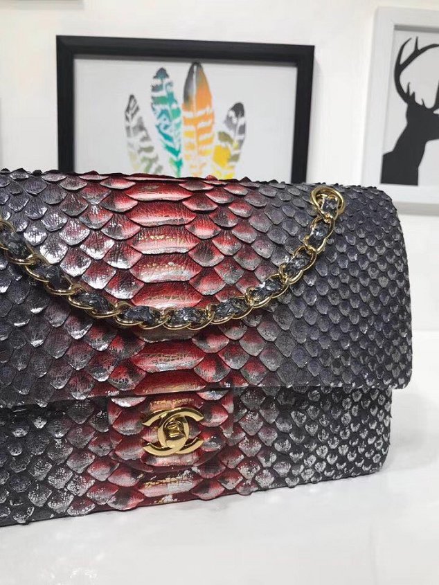 CC original python leather flap bag A01112 silver&red