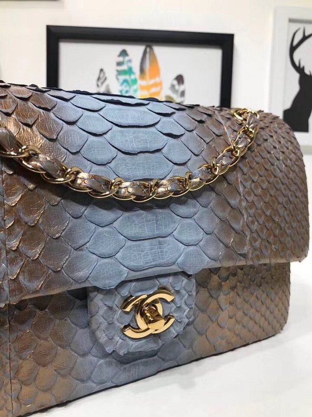 CC original python leather flap bag A01112 blue&gold