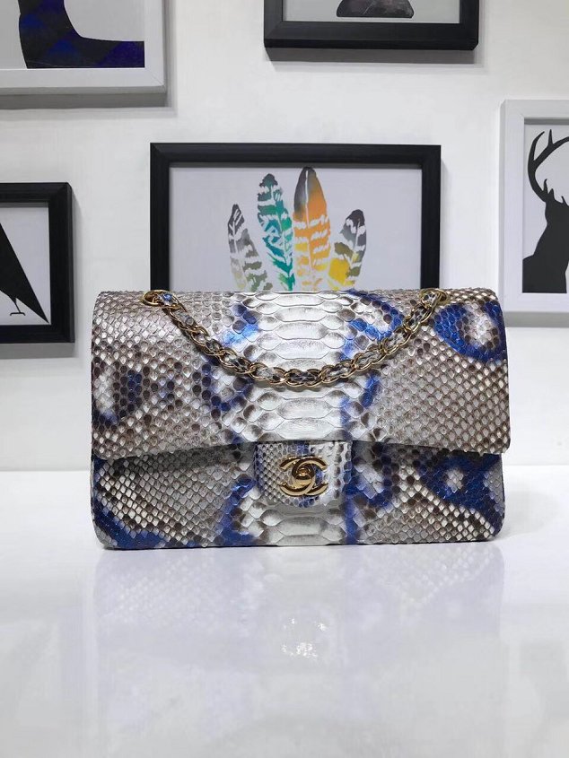 CC original python leather flap bag A01112 blue&white