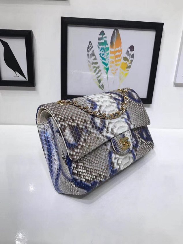 CC original python leather flap bag A01112 blue&white