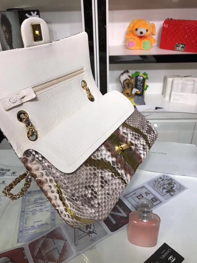 CC original python leather flap bag A01112 gold&white