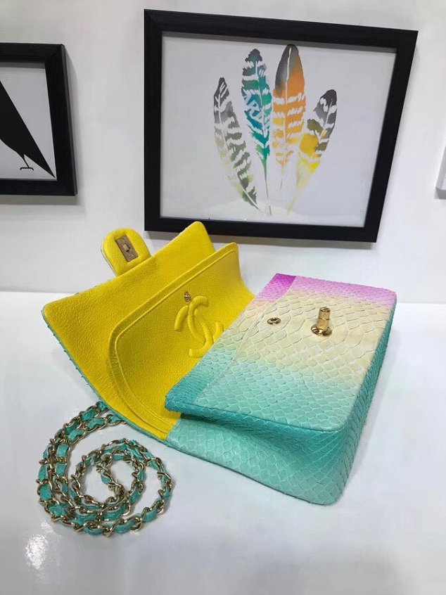 CC original python leather flap bag A01112 green&yellow