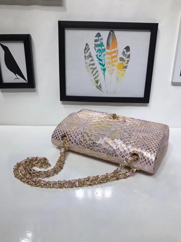 CC original python leather flap bag A01112 light gold