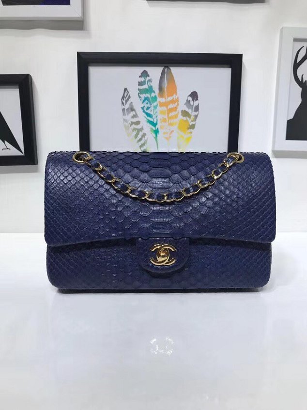 CC original python leather flap bag A01112 navy blue