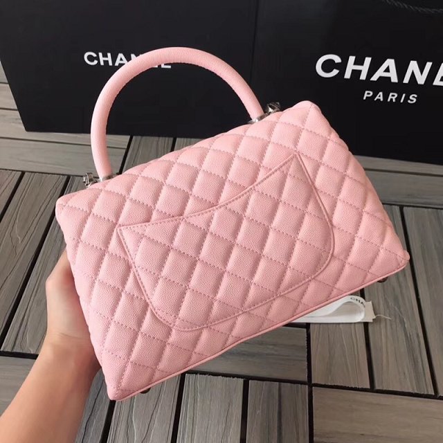 2018 CC original grained calfskin flap bag with top handle A92991 pink
