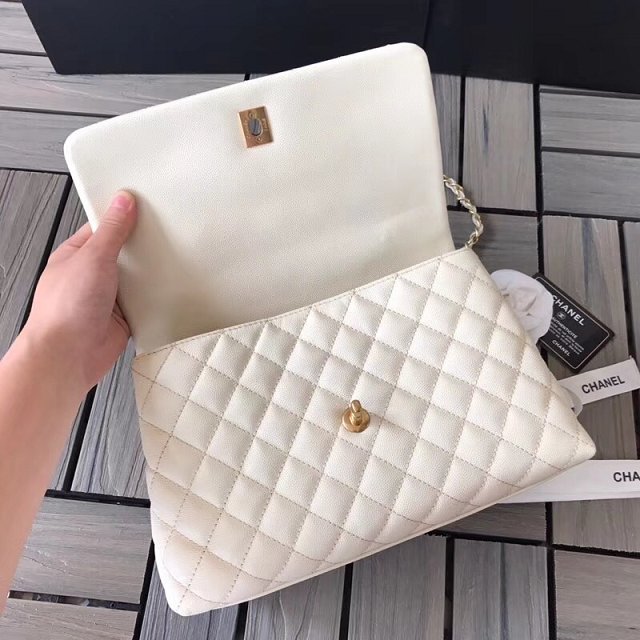 2018 CC original grained calfskin flap bag with top handle A92991 white&burgundy
