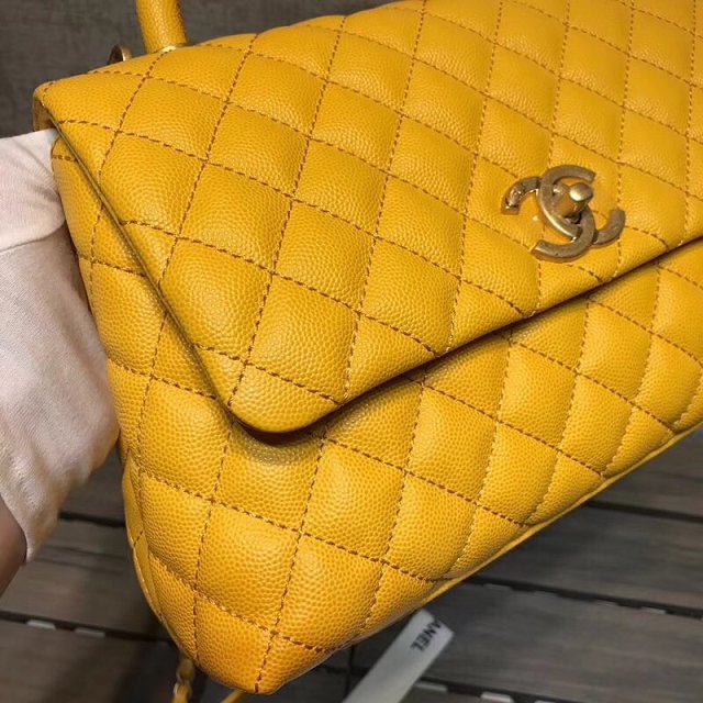 2018 CC original grained calfskin flap bag with top handle A92991 yellow