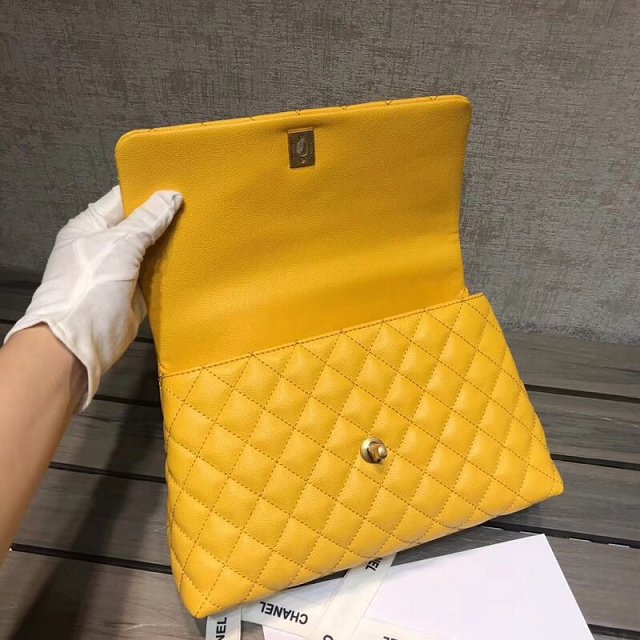 2018 CC original grained calfskin flap bag with top handle A92991 yellow