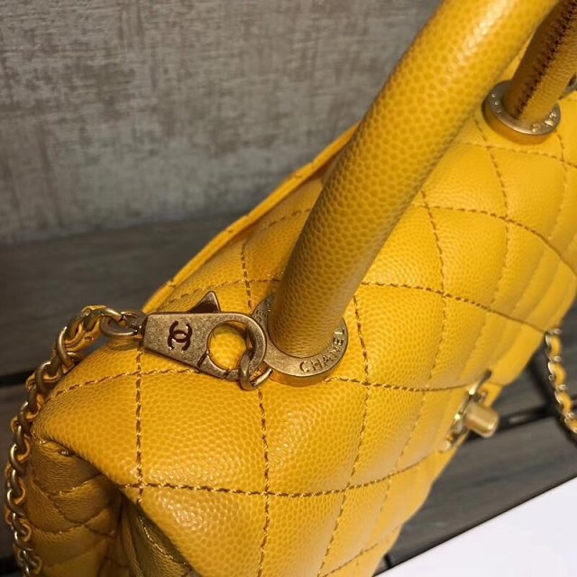 2018 CC original grained calfskin small flap bag with top handle A92990 yellow