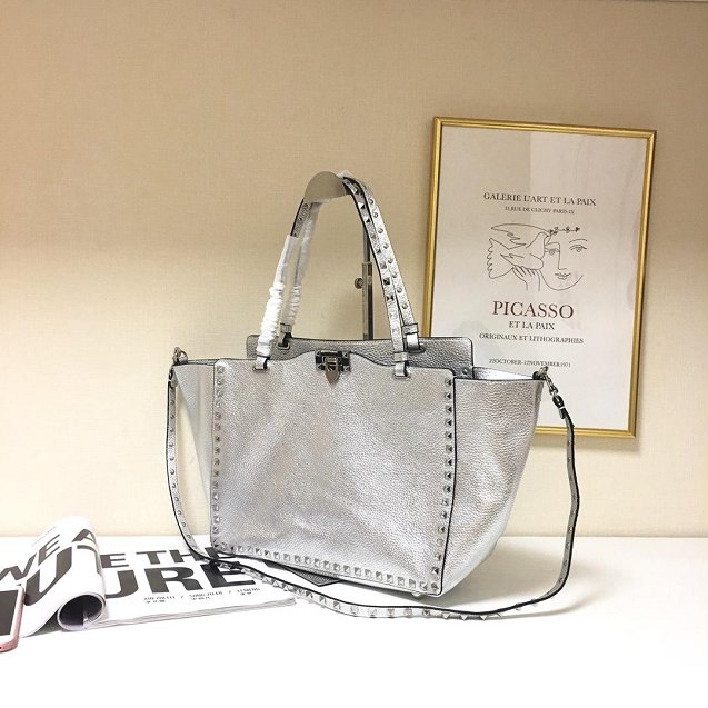 Valentino original calfskin rockstud large tote bag 0970 silver