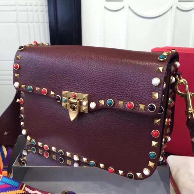 Valentino original grained calfskin multi-rockstud shoulder bag 0125 burgundy