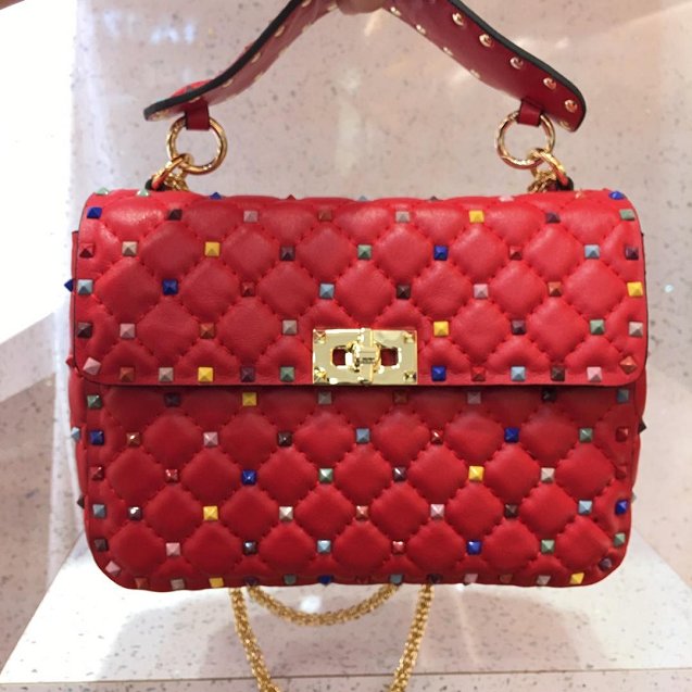 Valentino original lambskin multi-rockstud medium chain bag 0122 red