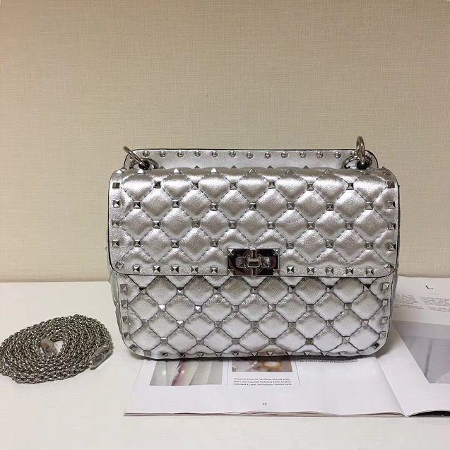 Valentino original lambskin rockstud medium chain bag 0122 silver