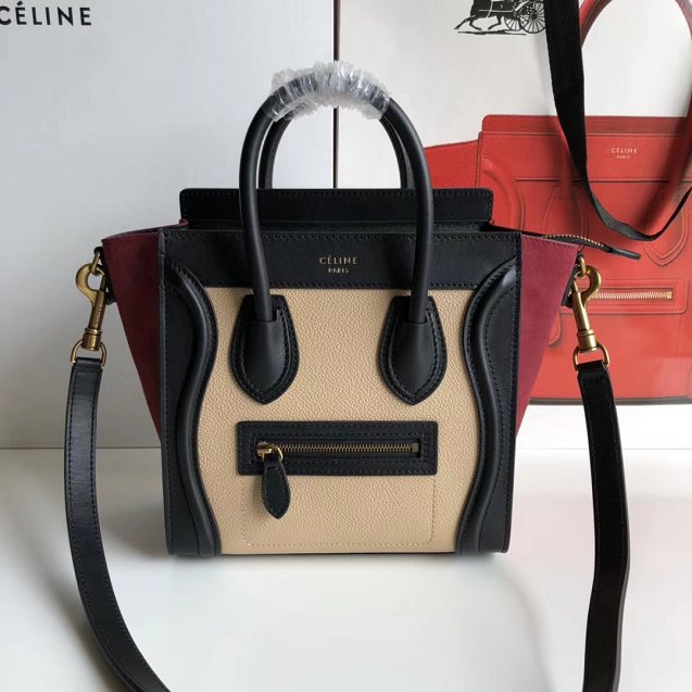 Celine original calfskin nano luggage bag 189243 apricot&black&bordeaux