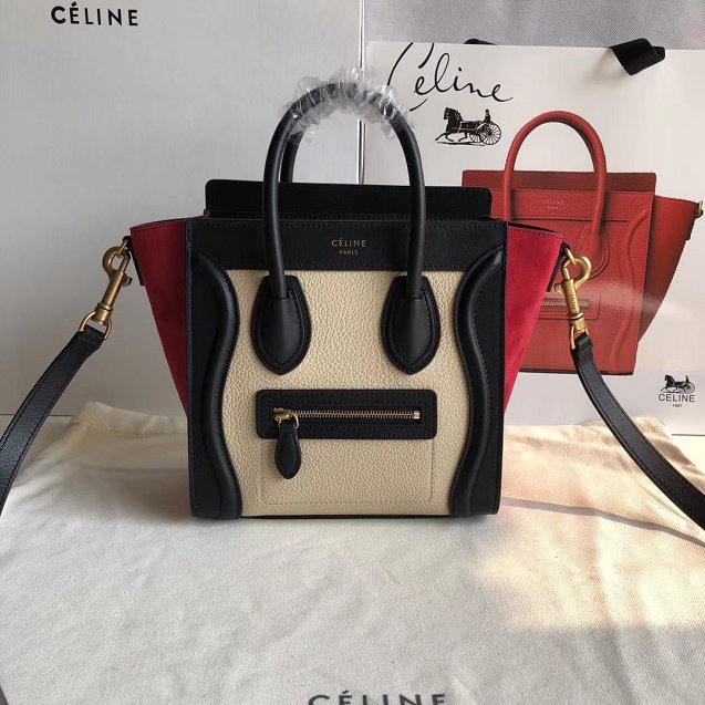 Celine original calfskin nano luggage bag 189243 apricot&black&red