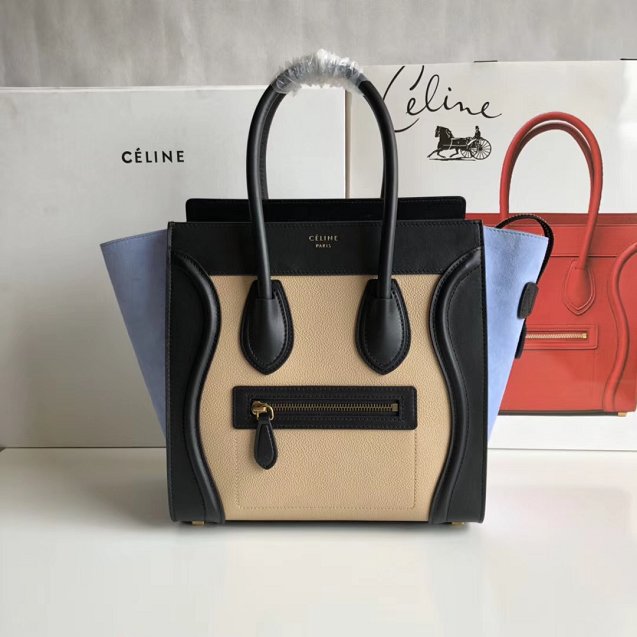 Celine original calfskin micro luggage handbag 189793 apricot&black&blue