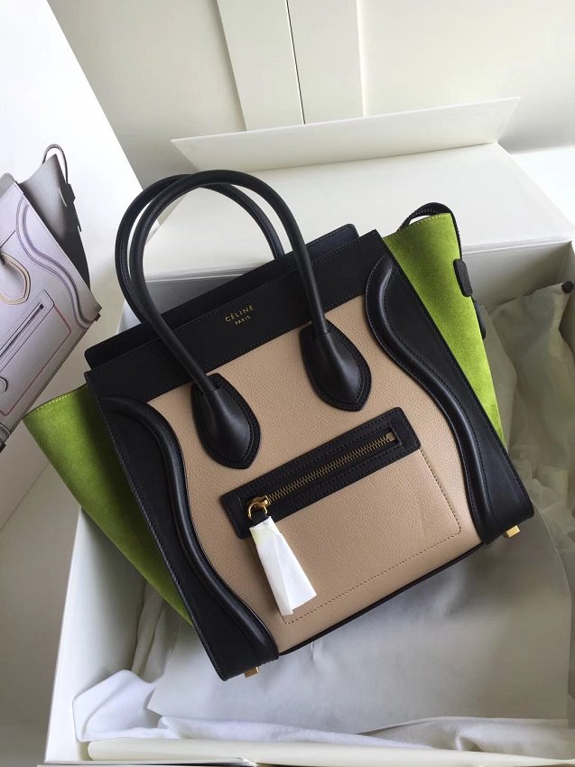 Celine original calfskin micro luggage handbag 189793 apricot&black&green