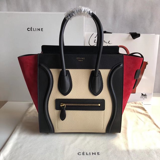 Celine original calfskin micro luggage handbag 189793 apricot&black&red