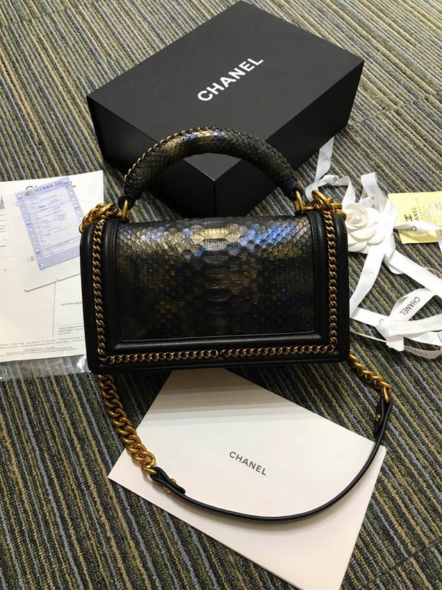 CC original python leather le boy handbag A94804 black&gold