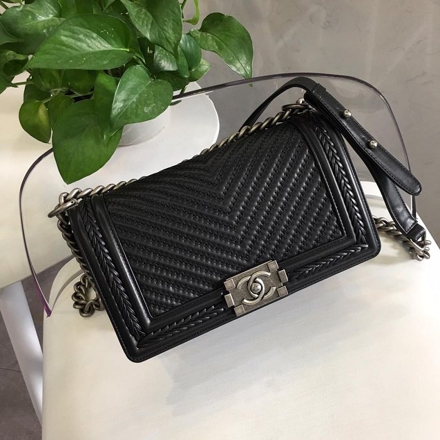 2019 CC original calfskin boy braid flap bag A67086 black 