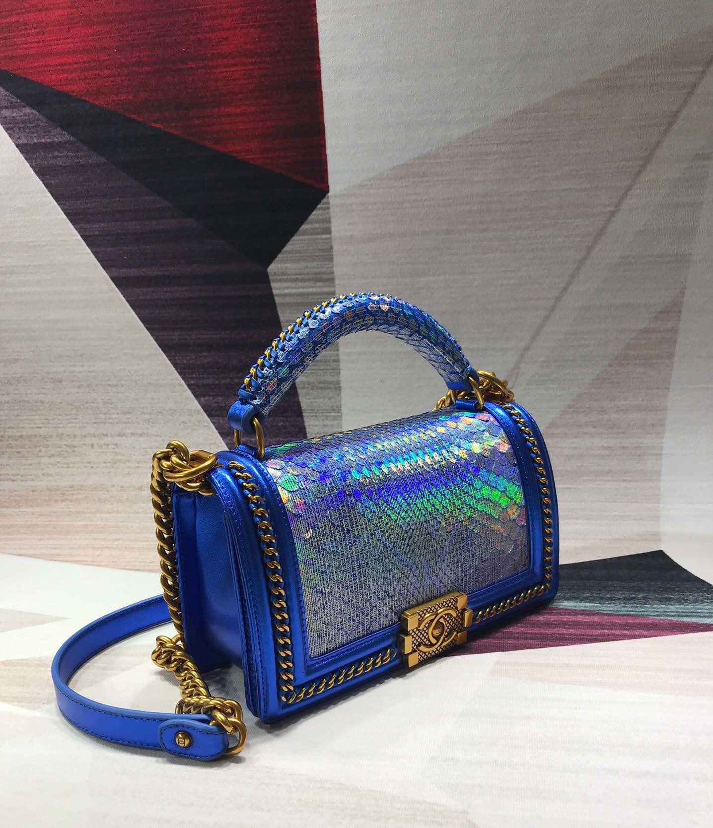 CC original python leather medium boy handbag A94804 blue