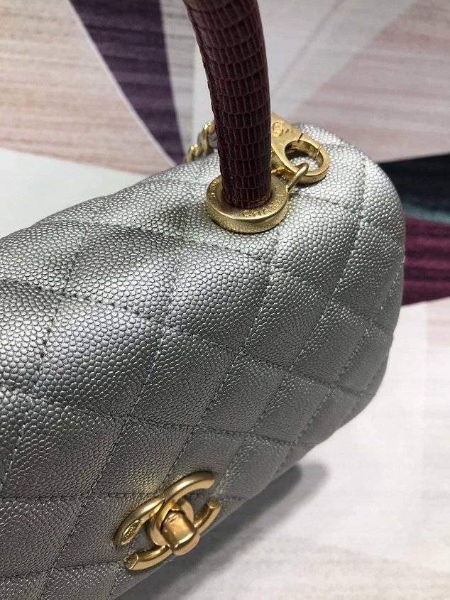 2019 CC original grained calfskin small coco handle bag A92990 silver&bordeaux