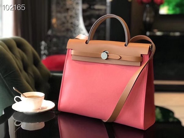 Hermes original canvas&calfskin leather large her bag H039 pink