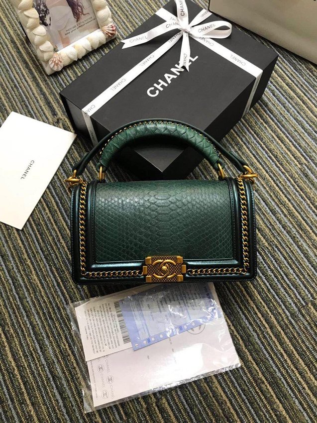 CC original python leather medium boy handbag A94804 blackish green