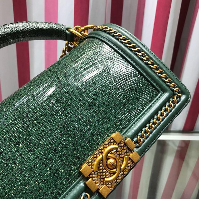 CC original lizard leather boy handbag A94804 blackish green 