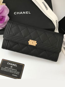 CC grained calfskin boy chanel long flap wallet A80286 black