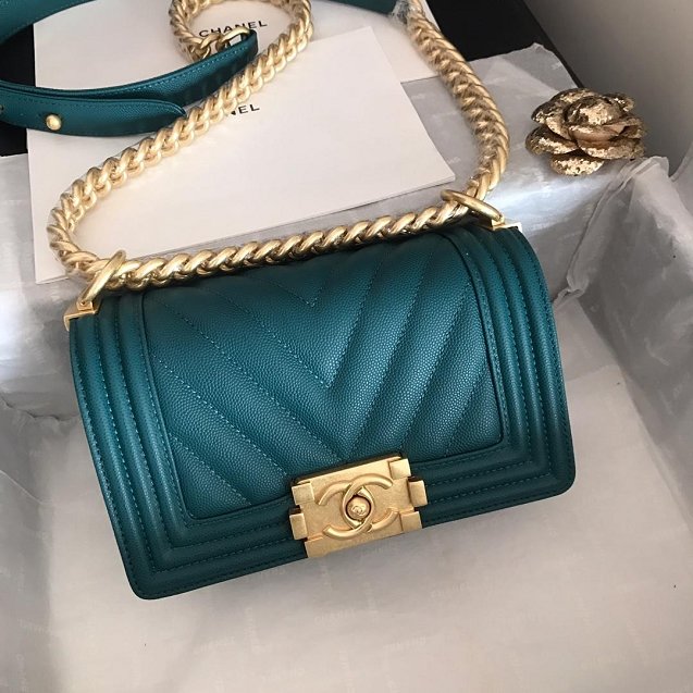 2019 CC original grained calfskin boy handbag A67085-2 turquoise