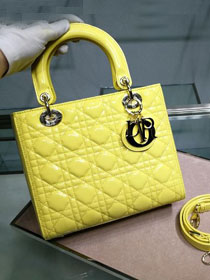 Dior original patent calfskin lady dior bag 44551 lemon yellow